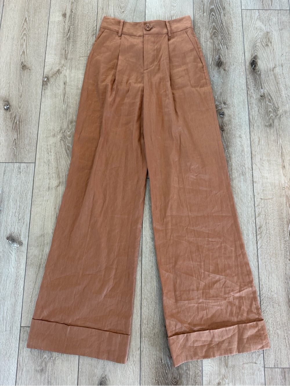 Alice + Olivia Tan Camel Cuff Linen Blend Wide Leg Pants Size 0 NWT